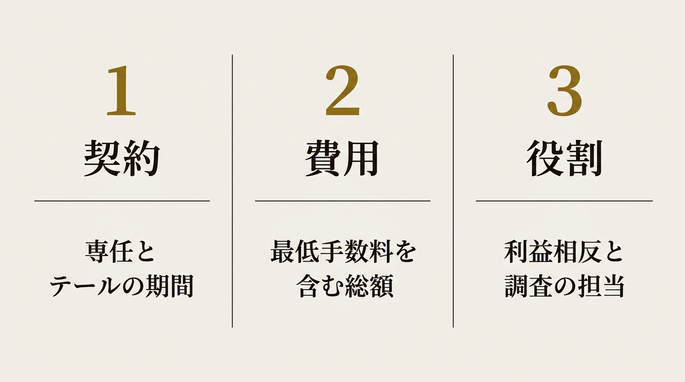 依頼先を見る三つの点、契約、費用、役割を並べた図解