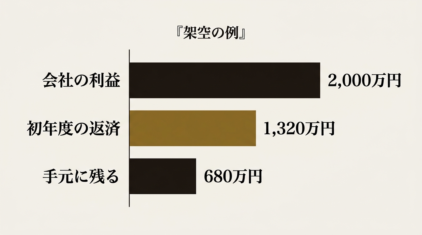 会社の利益2,000万円に対し、初年度の返済は1,320万円、手元に残るのは680万円という架空の例
