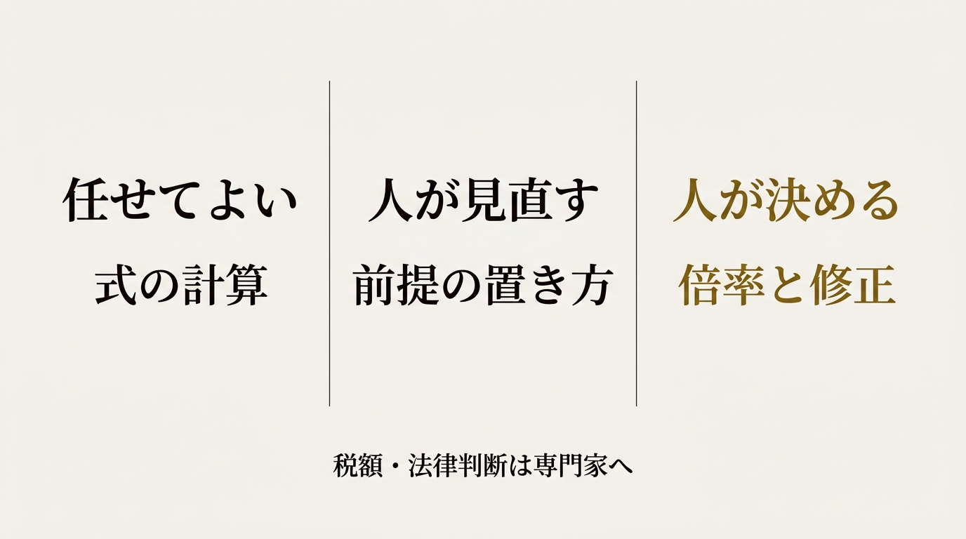 任せてよいのは式の計算、人が見直すのは前提の置き方、人が決めるのは倍率と修正という三つの列