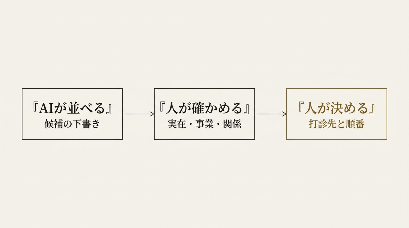 AIが並べ、人が確かめ、人が決める。三つの段階のうち、打診先と順番を決める最後だけが人の仕事