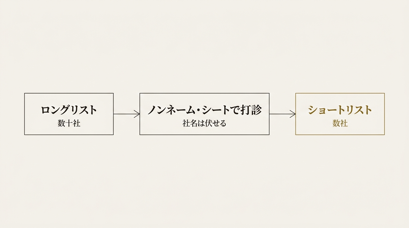 相手探しの流れ。ロングリストの数十社に、社名を伏せたノンネーム・シートで打診し、ショートリストの数社に絞る