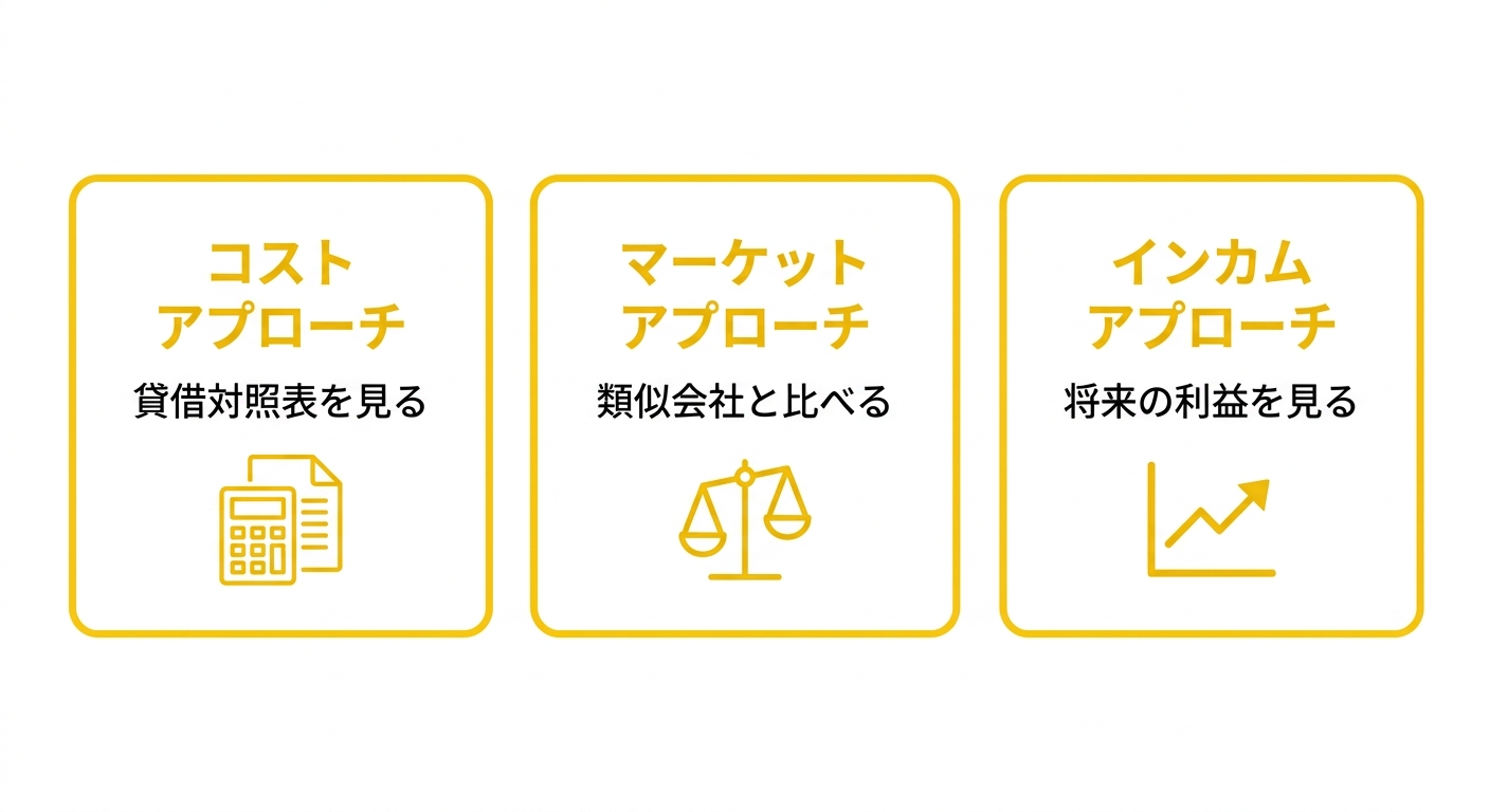 3つの評価アプローチ、コストアプローチは貸借対照表を見る、マーケットアプローチは類似会社と比べる、インカムアプローチは将来の利益を見る