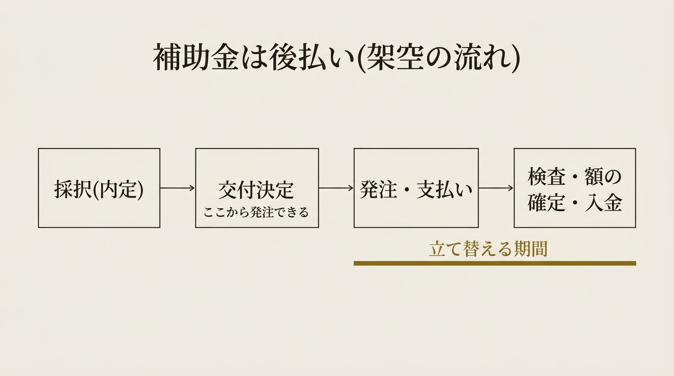 補助金は後払いの流れ。採択、交付決定、発注と支払い、検査と額の確定と入金の順に進み、発注から入金までが立て替える期間になる