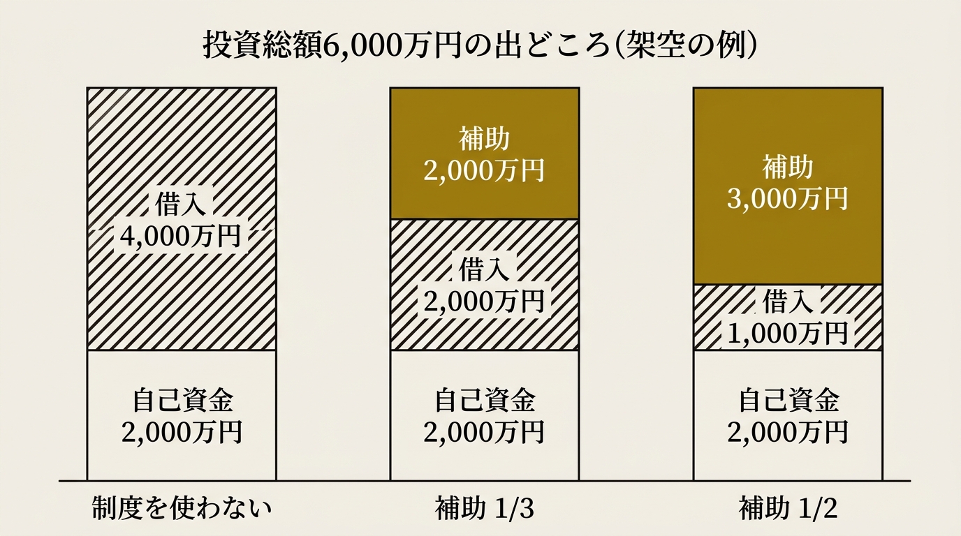 投資総額6,000万円の出どころ。制度を使わない場合は自己資金2,000万円と借入4,000万円、補助が3分の1の場合は補助2,000万円と借入2,000万円、補助が2分の1の場合は補助3,000万円と借入1,000万円
