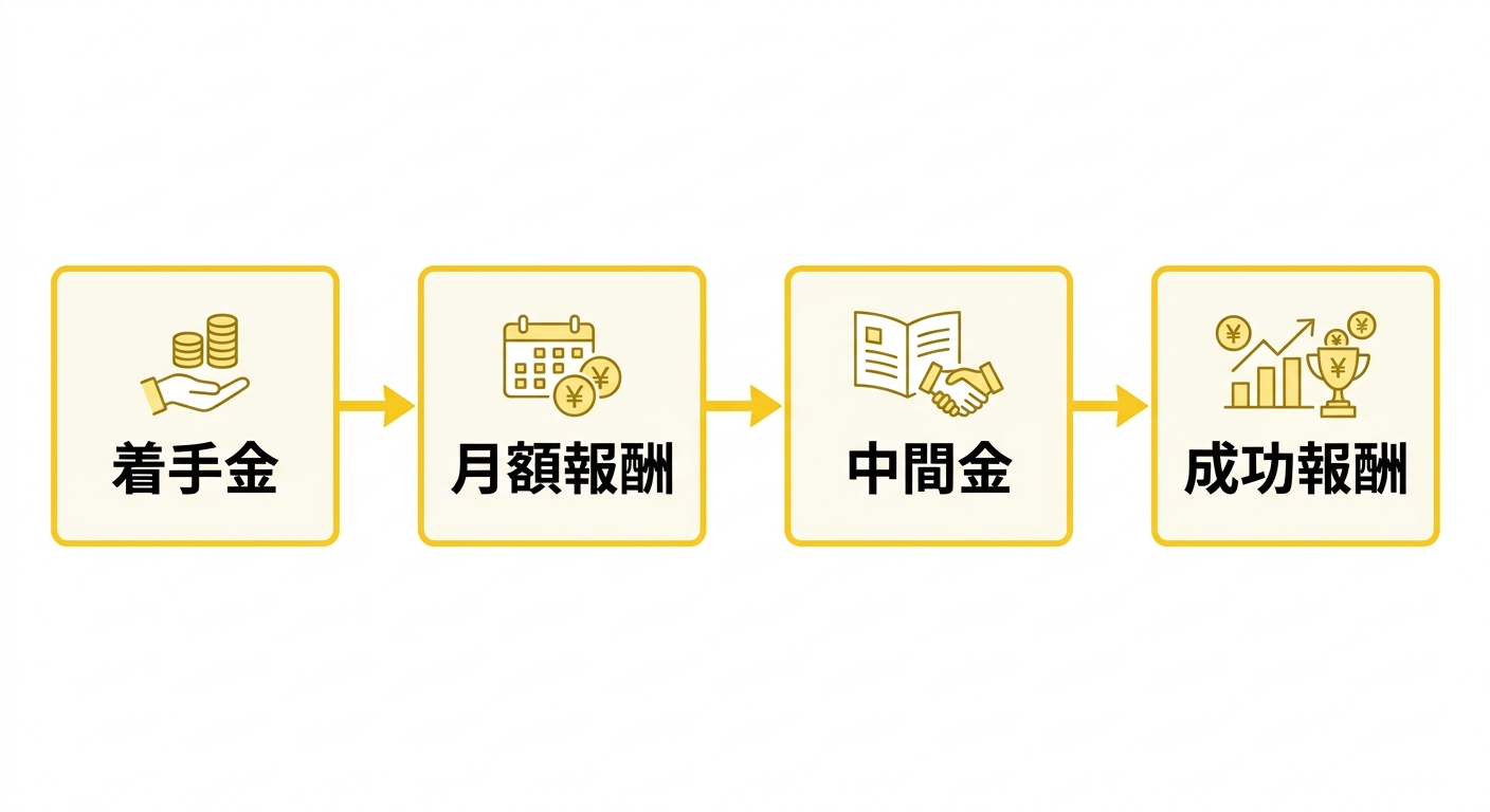 仲介者・FAの手数料4類型を示す図解 着手金 月額報酬 中間金 成功報酬