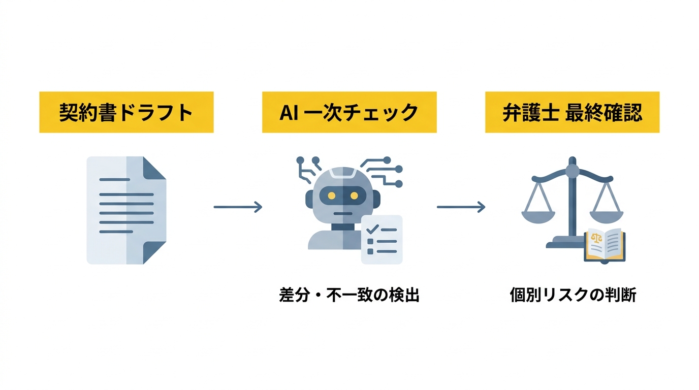 契約書ドラフトからAI一次チェック、弁護士最終確認へと進むフロー図解