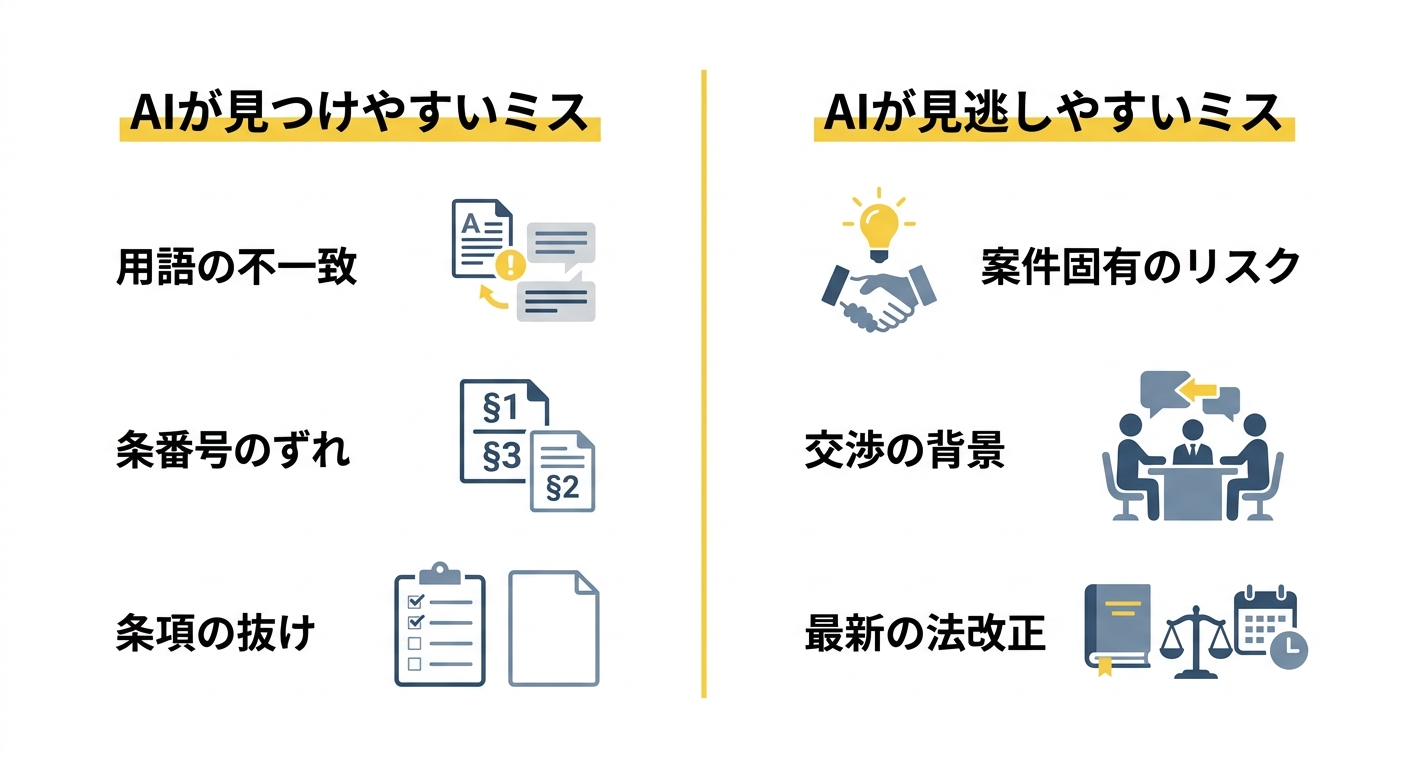 AIが見つけやすいミスと見逃しやすいミスを対比した図解